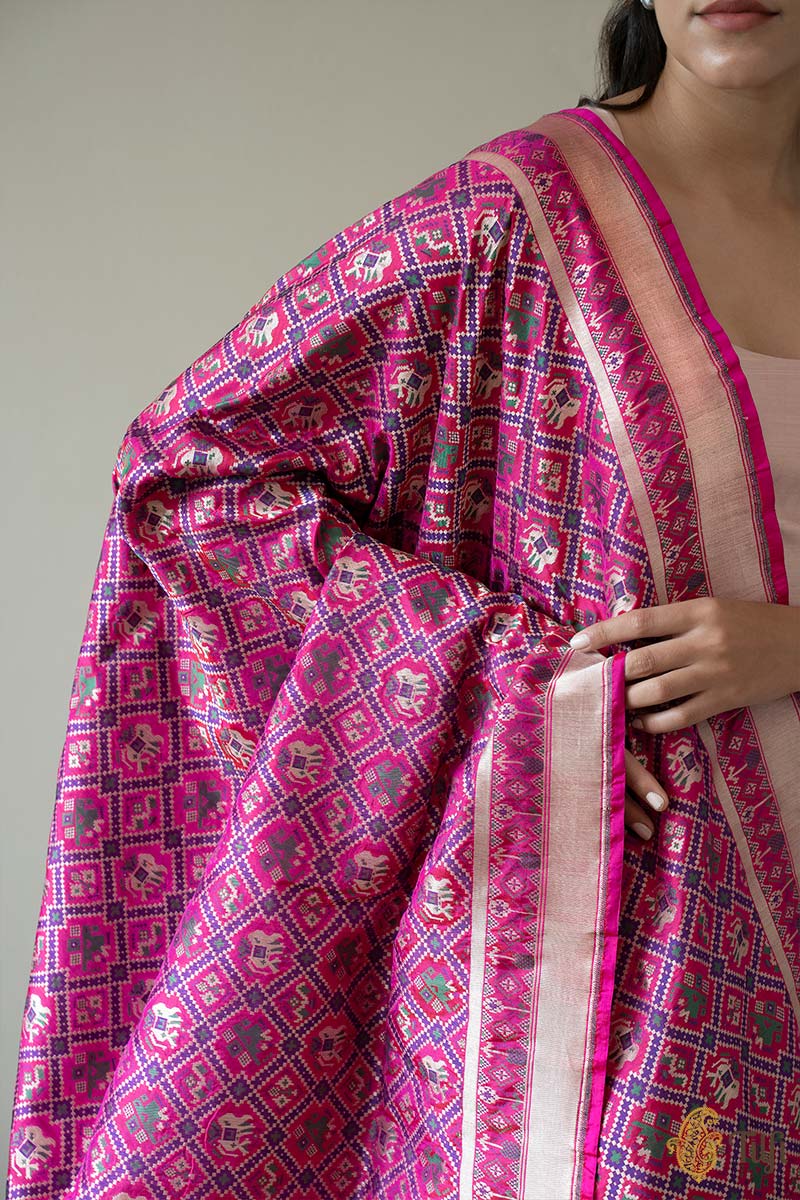 Rani Pink-Red Pure Katan Silk Banarasi Handloom Patola Dupatta