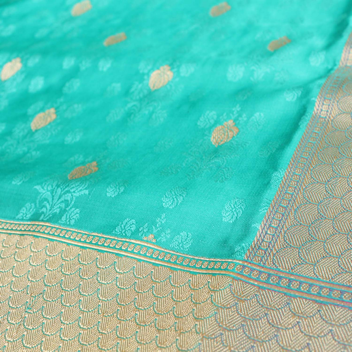 Sea Green Pure Soft Satin Silk Banarasi Handloom Saree - Tilfi - 5