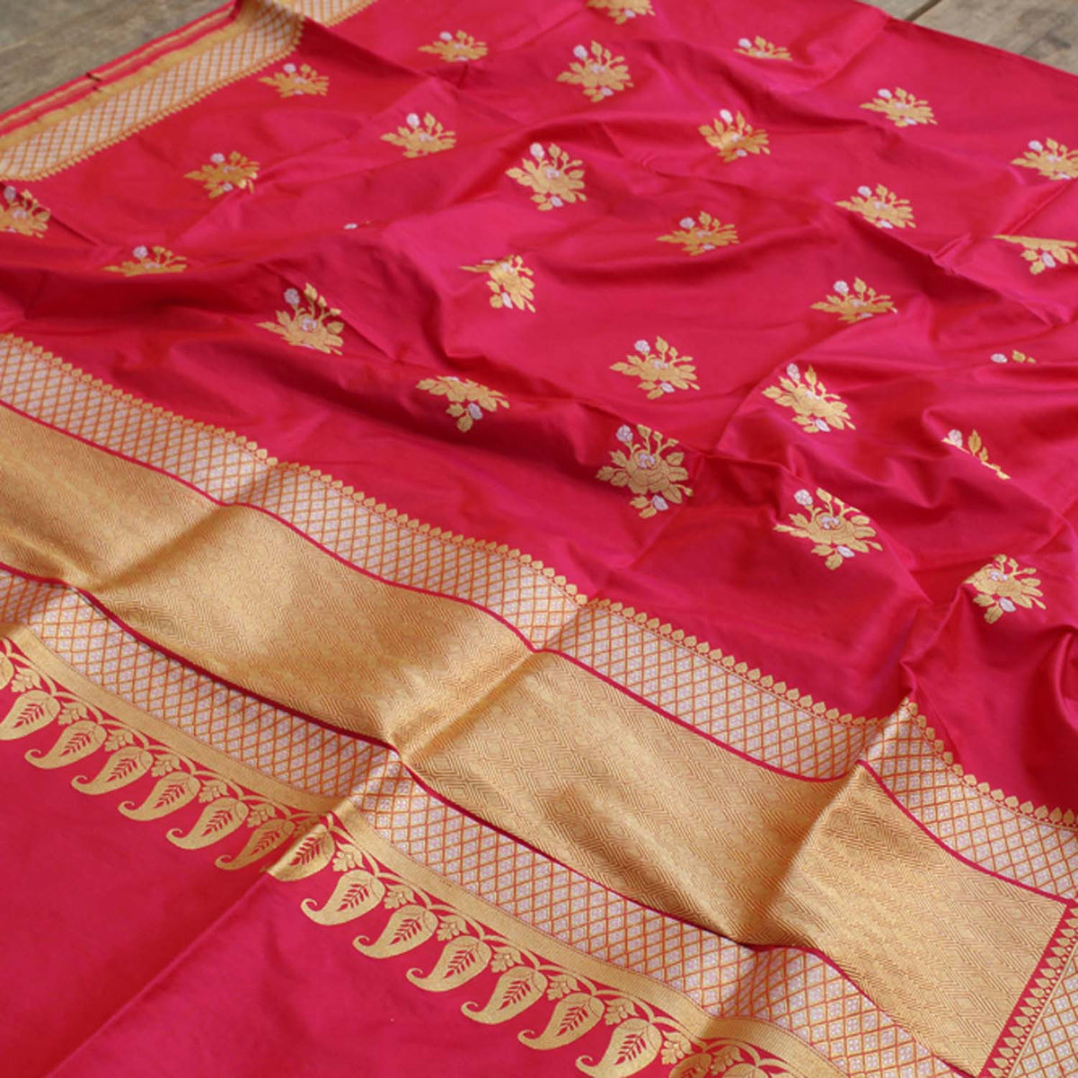 Red-Indian Pink Pure Katan Silk Banarasi Handloom Dupatta - Tilfi - 2