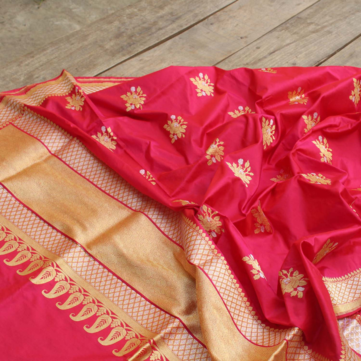 Red-Indian Pink Pure Katan Silk Banarasi Handloom Dupatta - Tilfi - 4