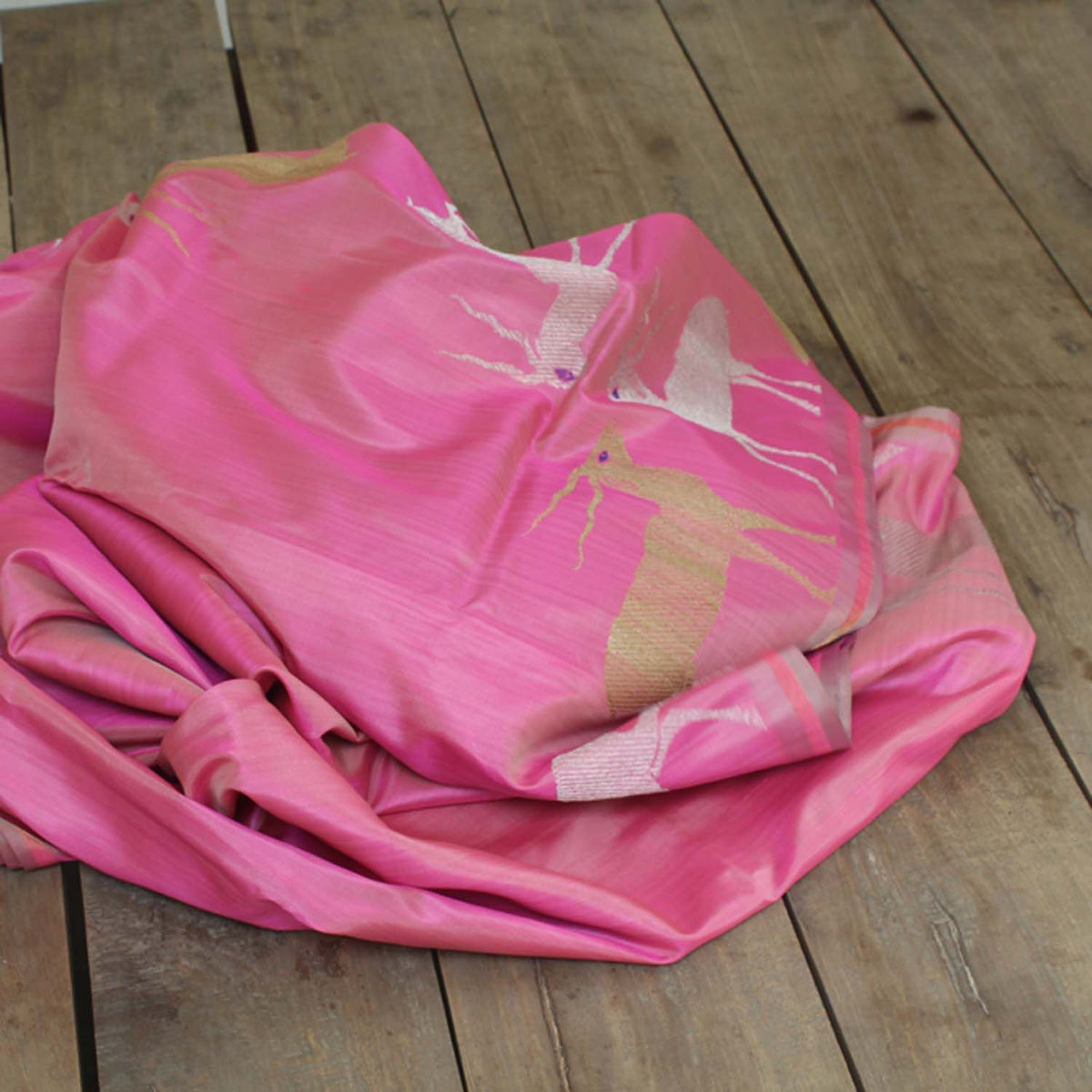 Rose Pink Shot Color Pure Katan Silk Banarasi Handloom Saree - Tilfi - 1