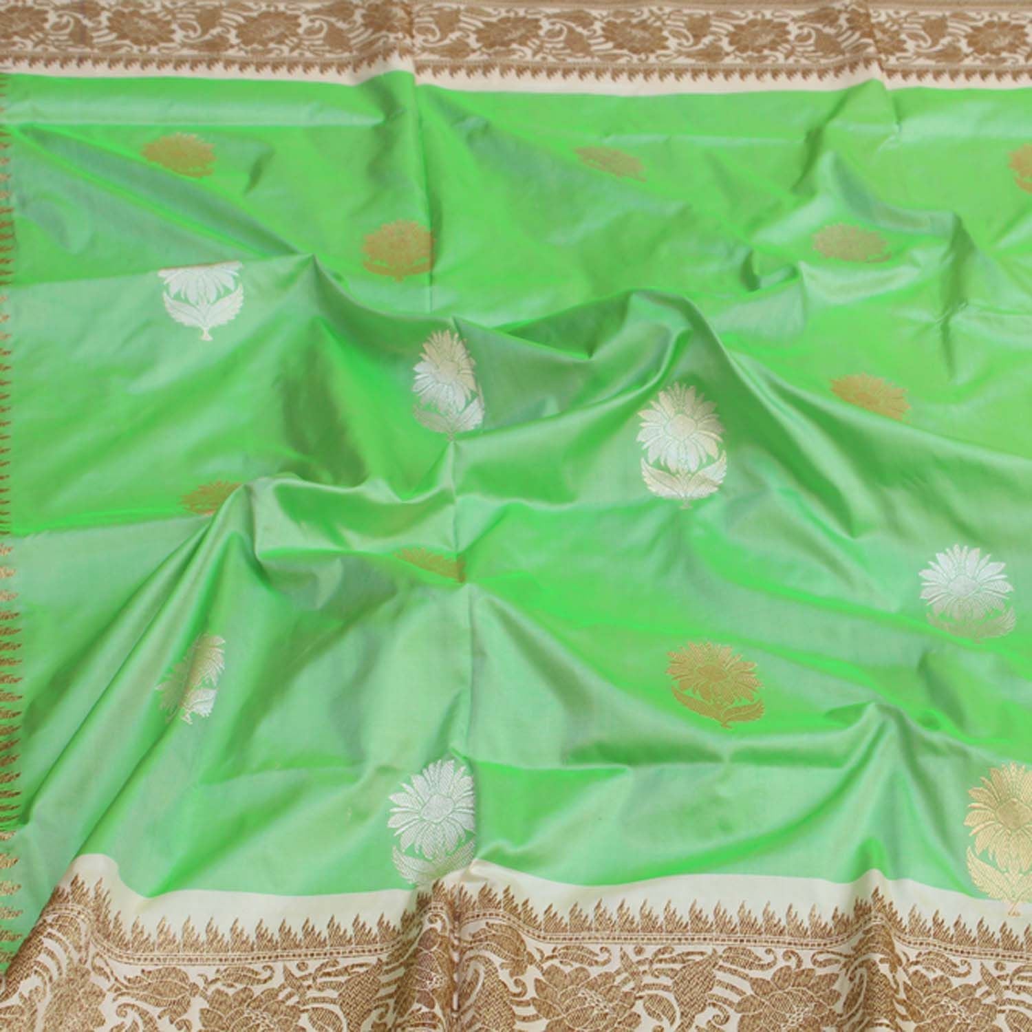 Green-White Pure Katan Silk Banarasi Handloom Dupatta - Tilfi