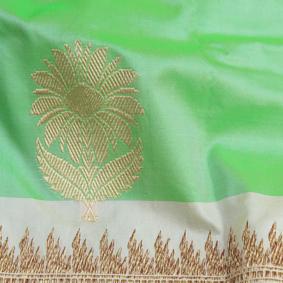 Green-White Pure Katan Silk Banarasi Handloom Dupatta - Tilfi - 4
