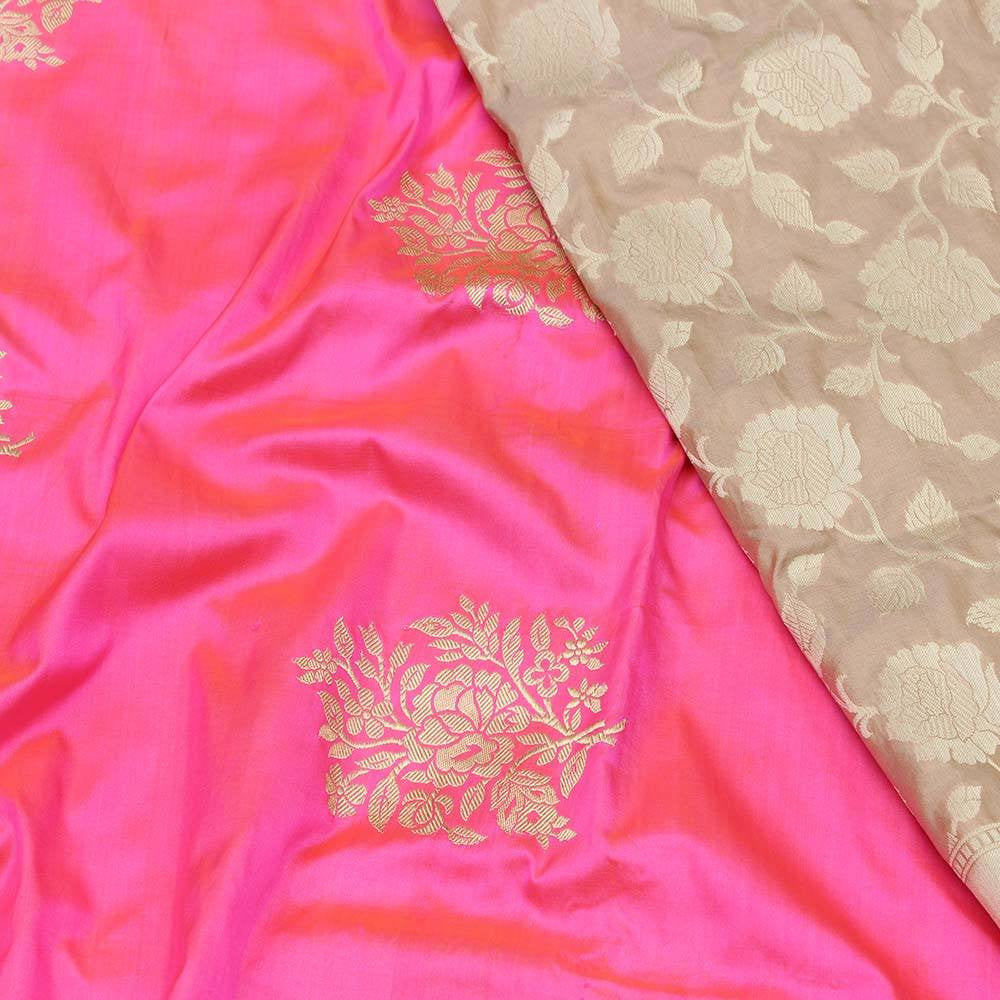 Beige Pure Katan Silk Dupatta &amp; Orange-Pink Pure Katan Silk Fabric