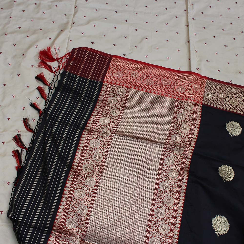 Black-Maroon Pure Katan Silk Dupatta &amp; Beige Pure Katan Silk Fabric