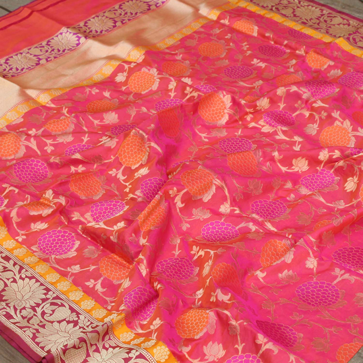 Rani Pink-Orange Pure Katan Silk Banarasi Handloom Dupatta - Tilfi - 2