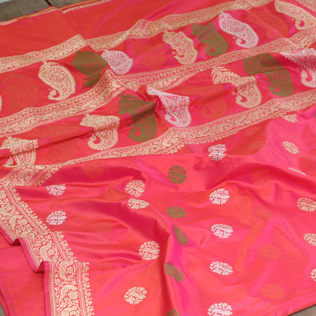Indian Pink-Orange Pure Katan Silk Banarasi Handloom Saree - Tilfi