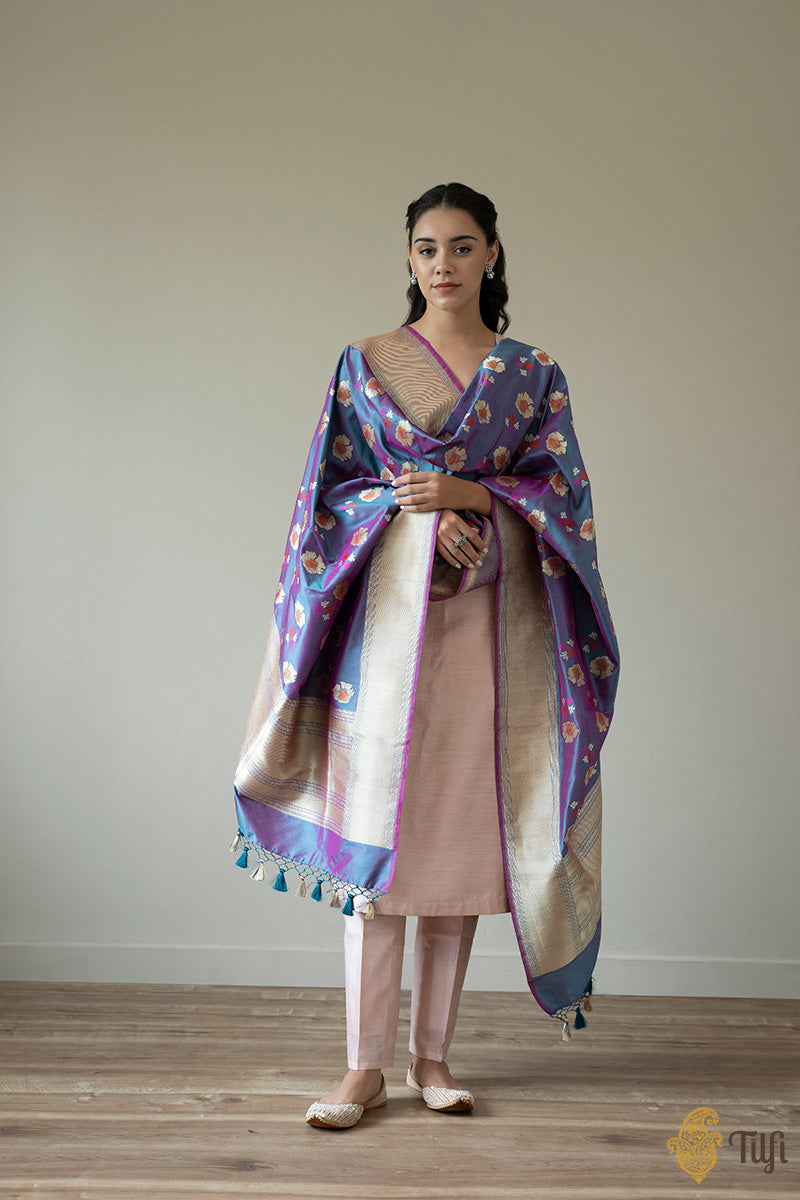 Rani Pink-Teal Blue Pure Katan Silk Banarasi Handloom Dupatta