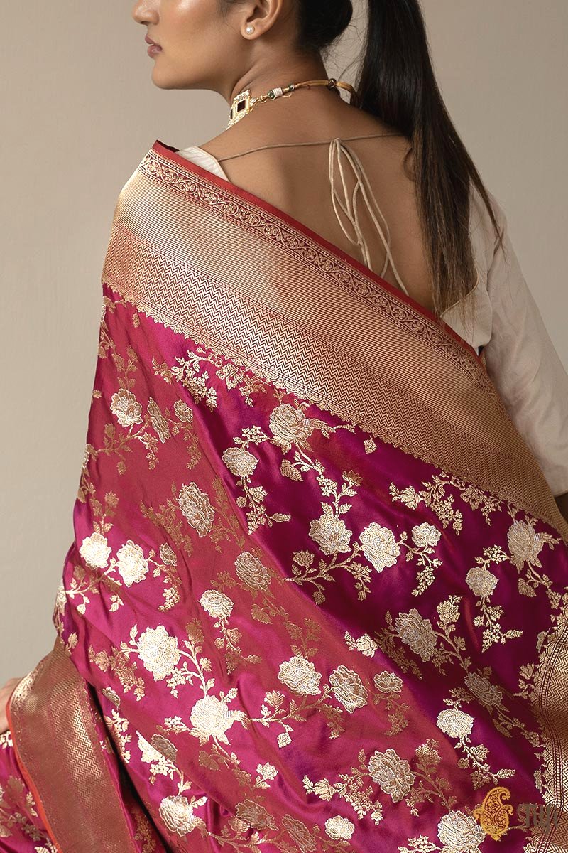 KJ0012-&#39;Sadhana&#39; Magenta Pure Katan Silk Banarasi Handloom Jangla Saree