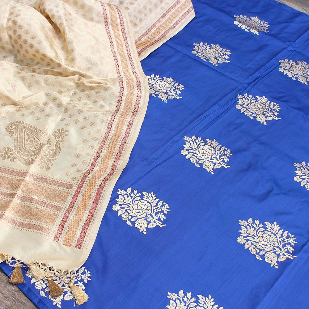 Cream Pure Katan Silk Dupatta &amp; Royal Blue Pure Katan Silk Fabric
