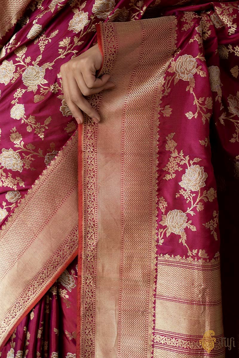 KJ0012-&#39;Sadhana&#39; Magenta Pure Katan Silk Banarasi Handloom Jangla Saree