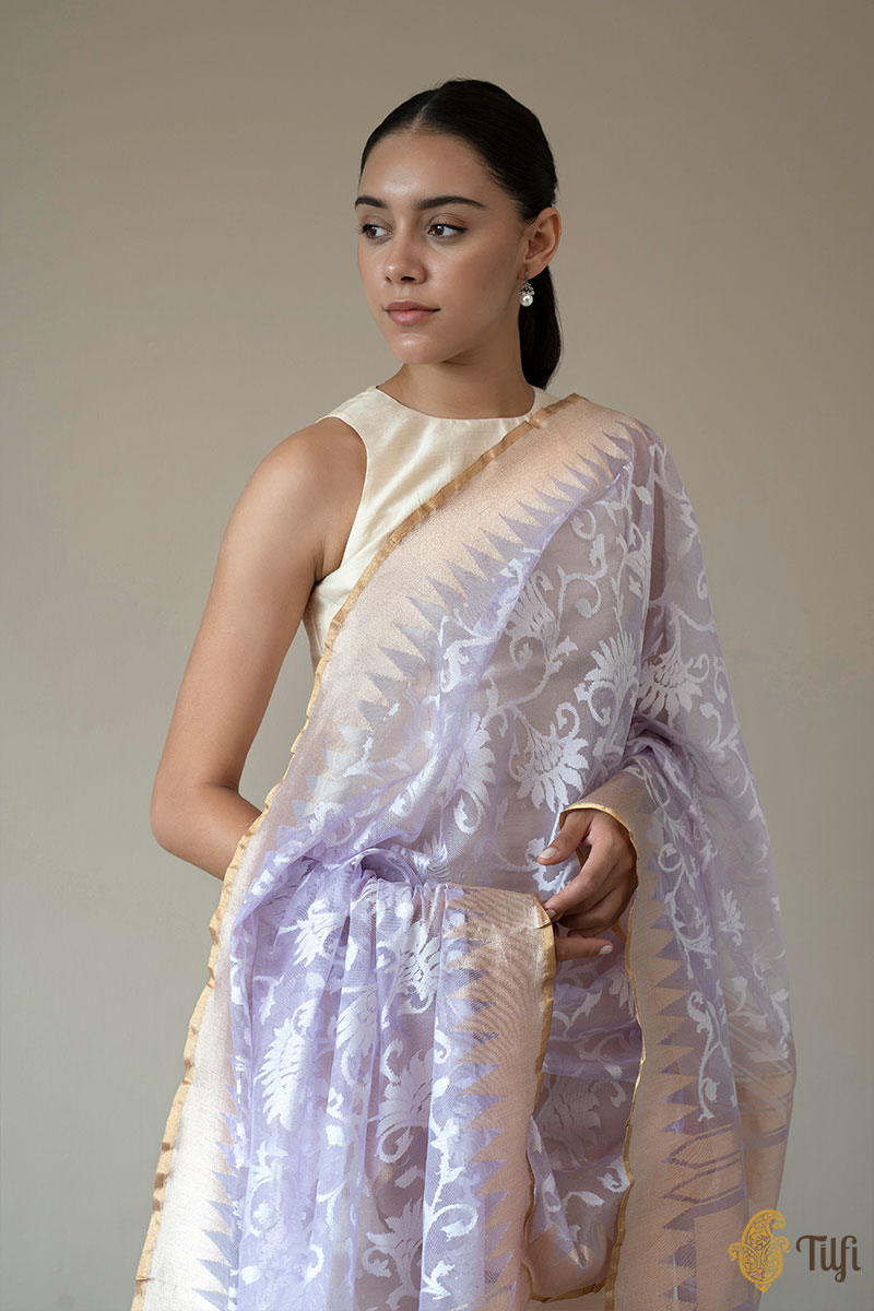 Light Lavender Pure Kora Silk Net Banarasi Handloom Dupatta