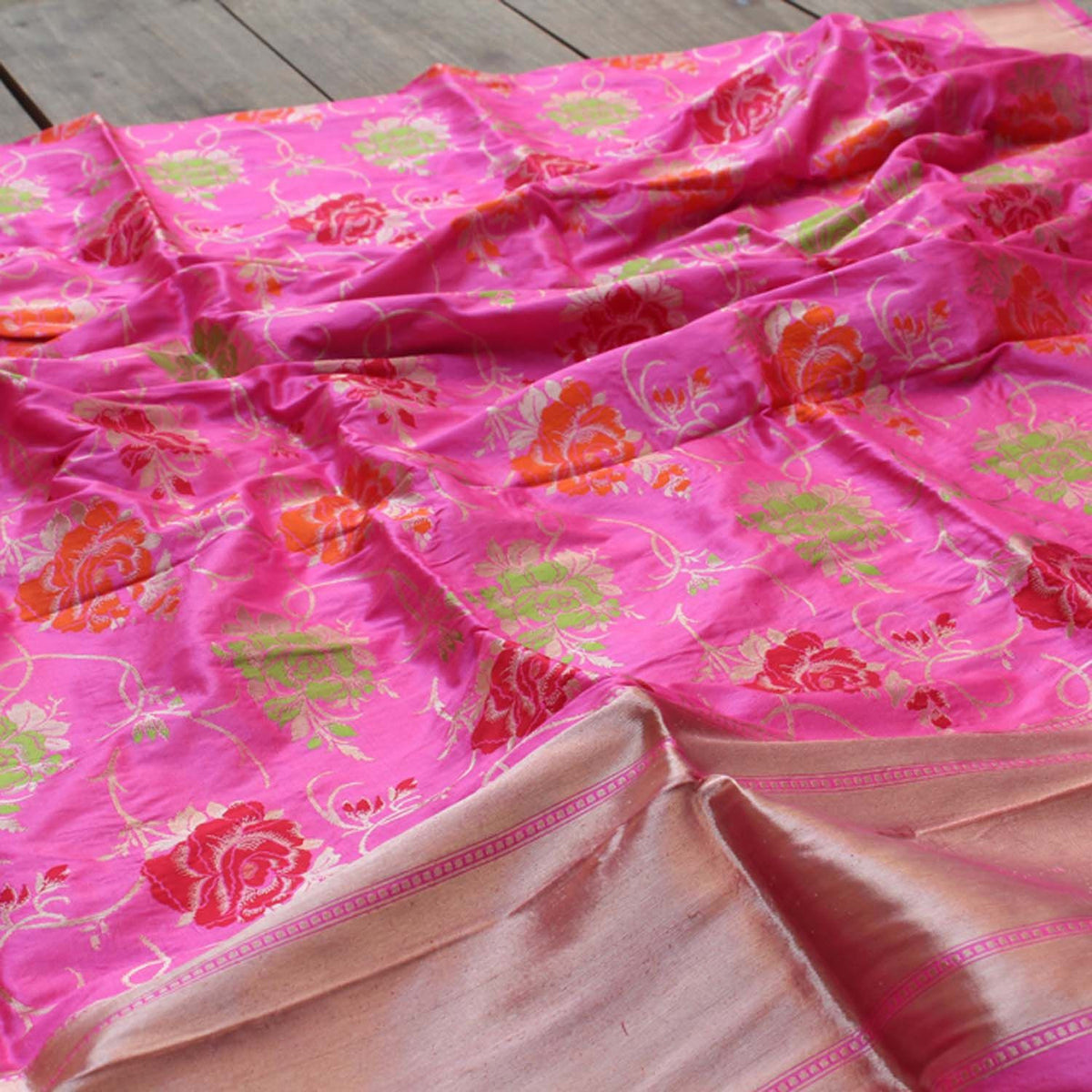 Indian Pink-Rose Pink Pure Katan Silk  Banarasi Handloom Dupatta - Tilfi