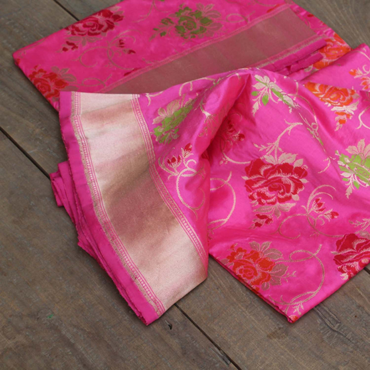 Indian Pink-Rose Pink Pure Katan Silk  Banarasi Handloom Dupatta - Tilfi