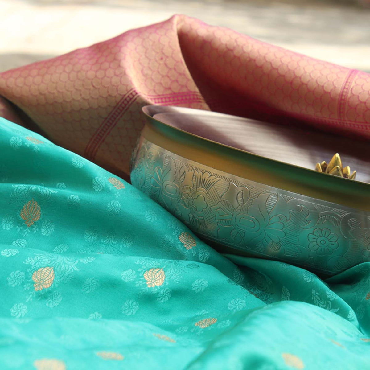 Sea Green Pure Soft Satin Silk Banarasi Handloom Saree - Tilfi - 7