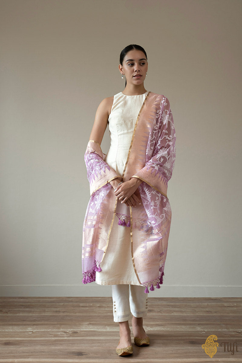 Mauvish Pink Pure Kora Silk Net Banarasi Handloom Dupatta