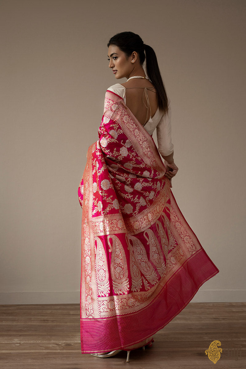 KJ0010-Red-Rani Pink Pure Katan Silk Banarasi Handloom Saree