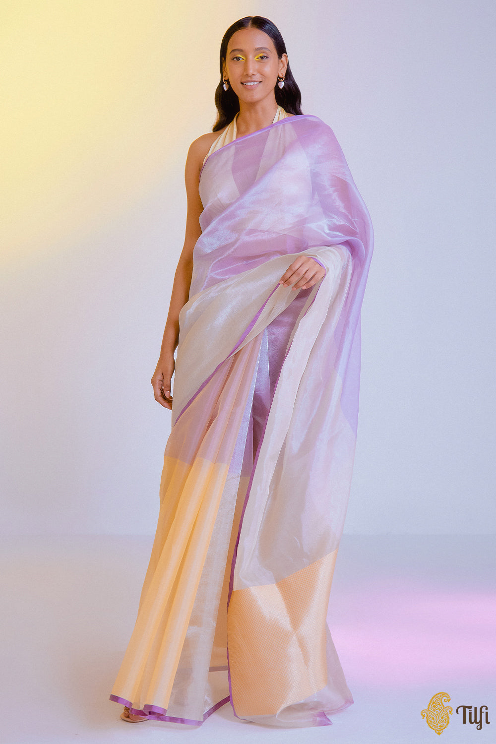 Pre-Order: Cream-Lavender Pure Kora Silk Tissue Banarasi Handloom Saree