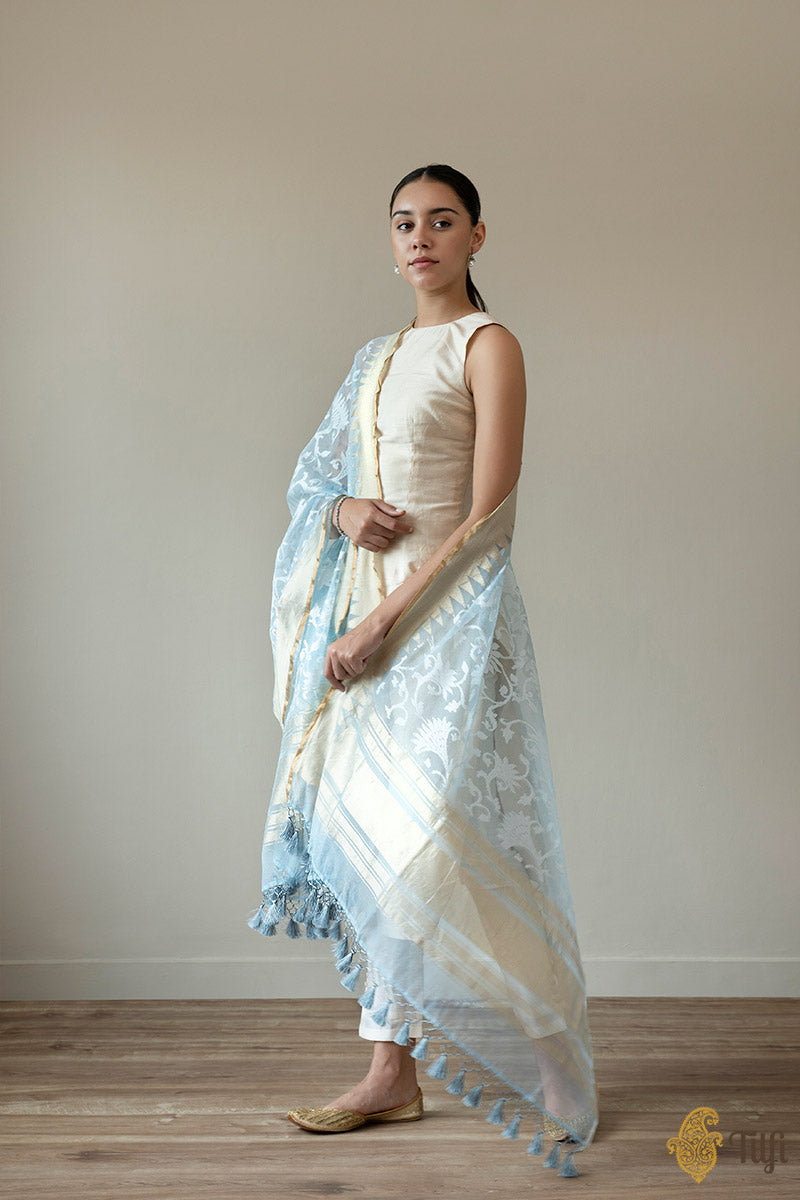 Light Blue Pure Kora Silk Net Banarasi Handloom Dupatta