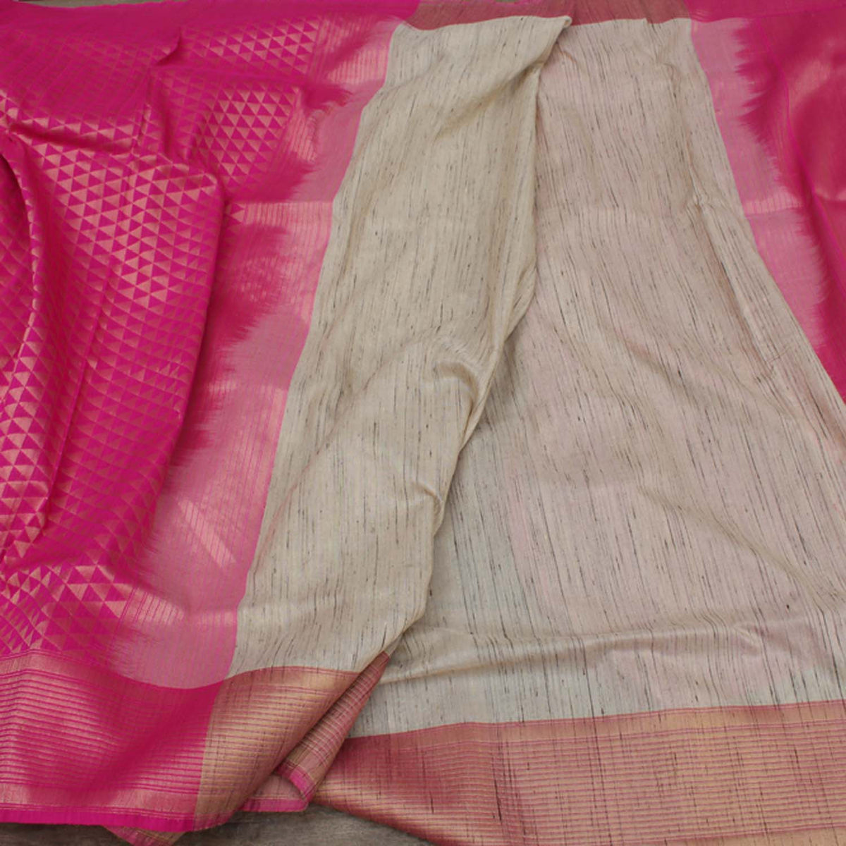 Beige-Indian Pink Pure Tussar Silk Banarasi Handloom Patli Saree - Tilfi - 2