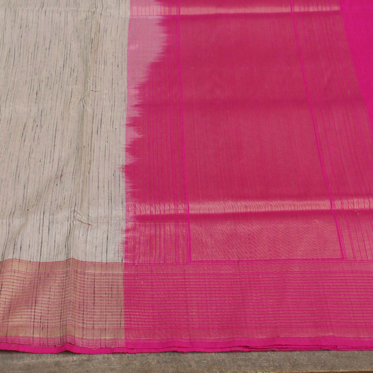 Beige-Indian Pink Pure Tussar Silk Banarasi Handloom Patli Saree - Tilfi