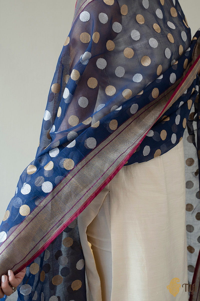 Navy Blue Pure Cotton Silk Banarasi Handloom Dupatta