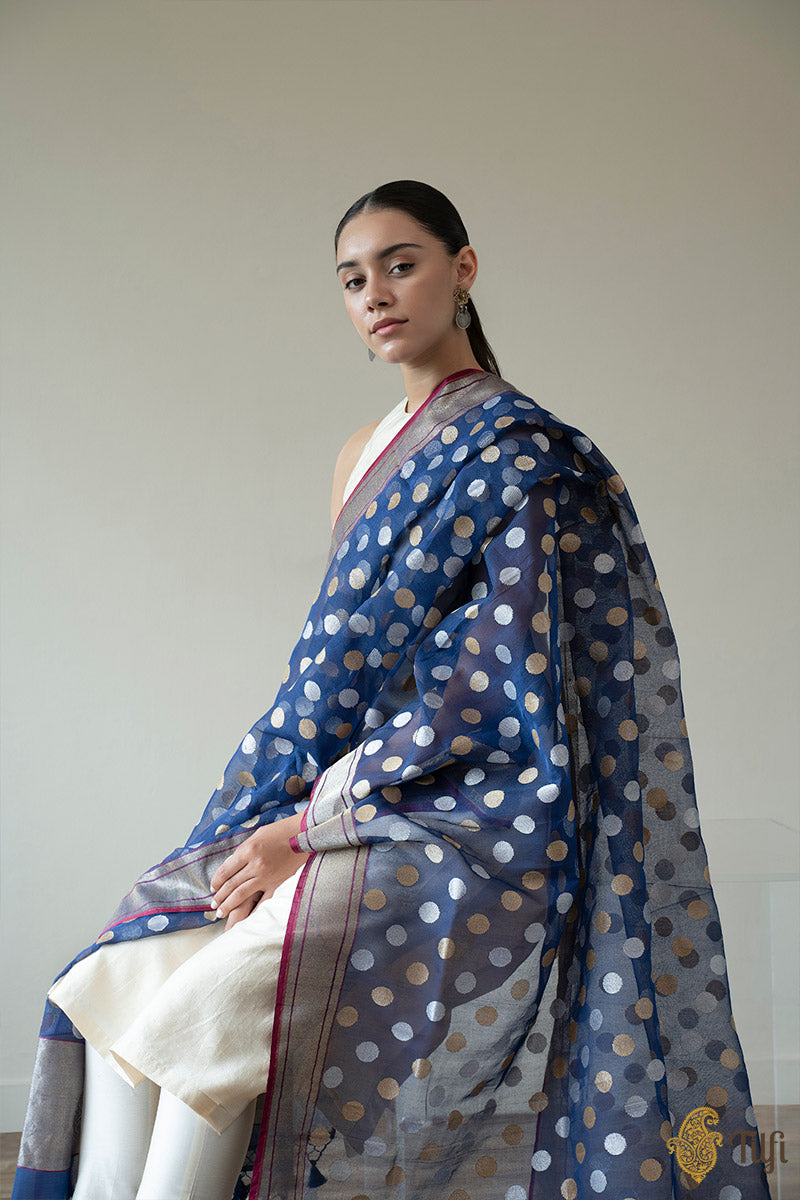 Blue - Bengal Jamdani Handloom Silk Dupatta with Tassels