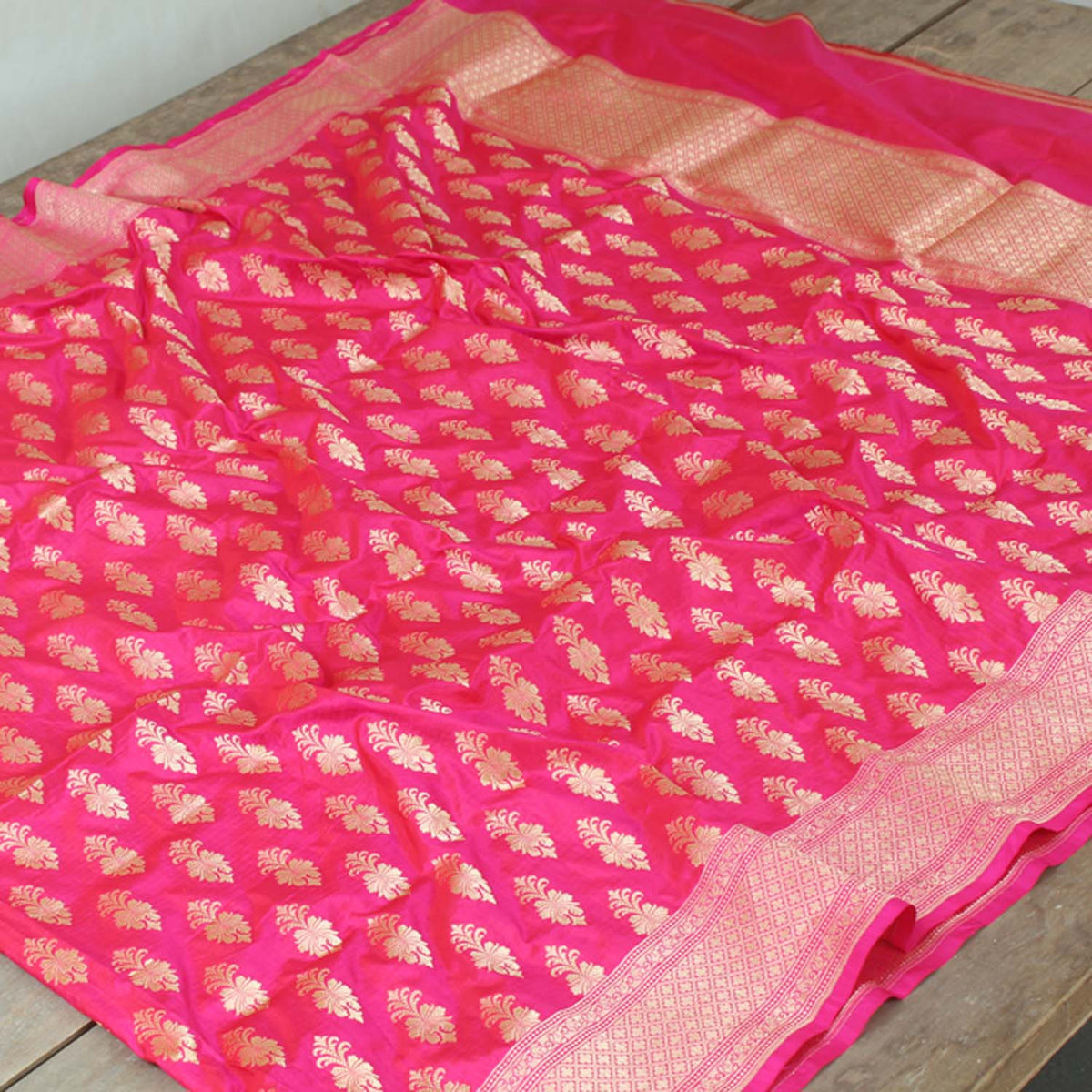 Maroon Rose-Pink Pure Katan Silk Banarasi Handloom Dupatta - Tilfi - 2