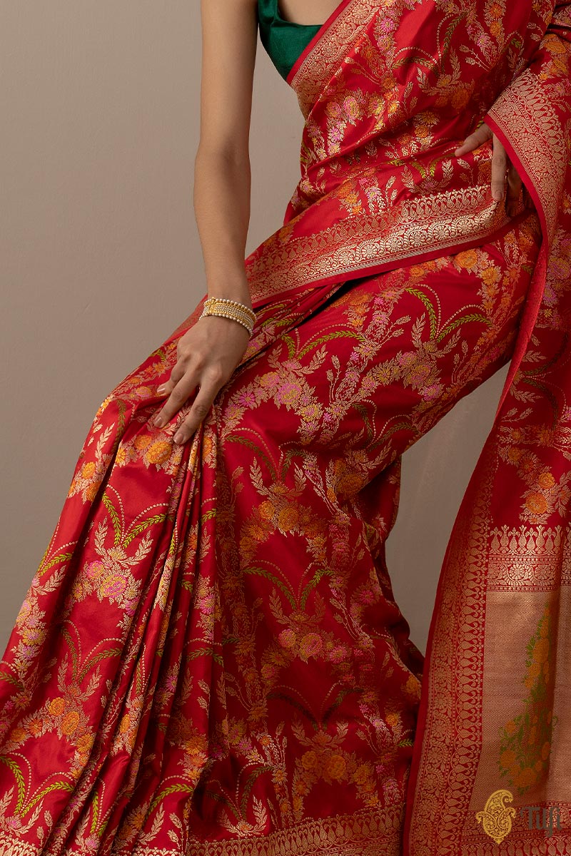 Pre-Order: Red Pure Katan Silk Banarasi Handloom Saree - Tilfi