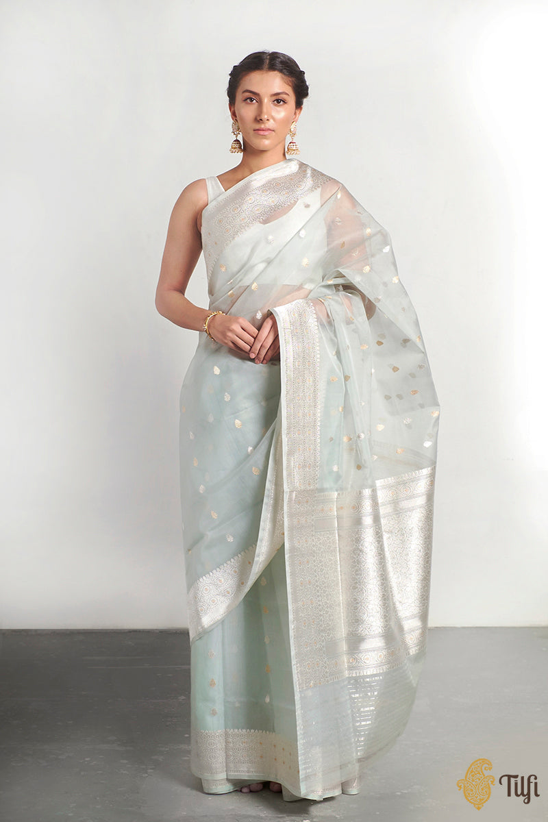 &#39;Varsha&#39; Light Blue Pure Kora Silk Handloom Banarasi Kadwa Saree