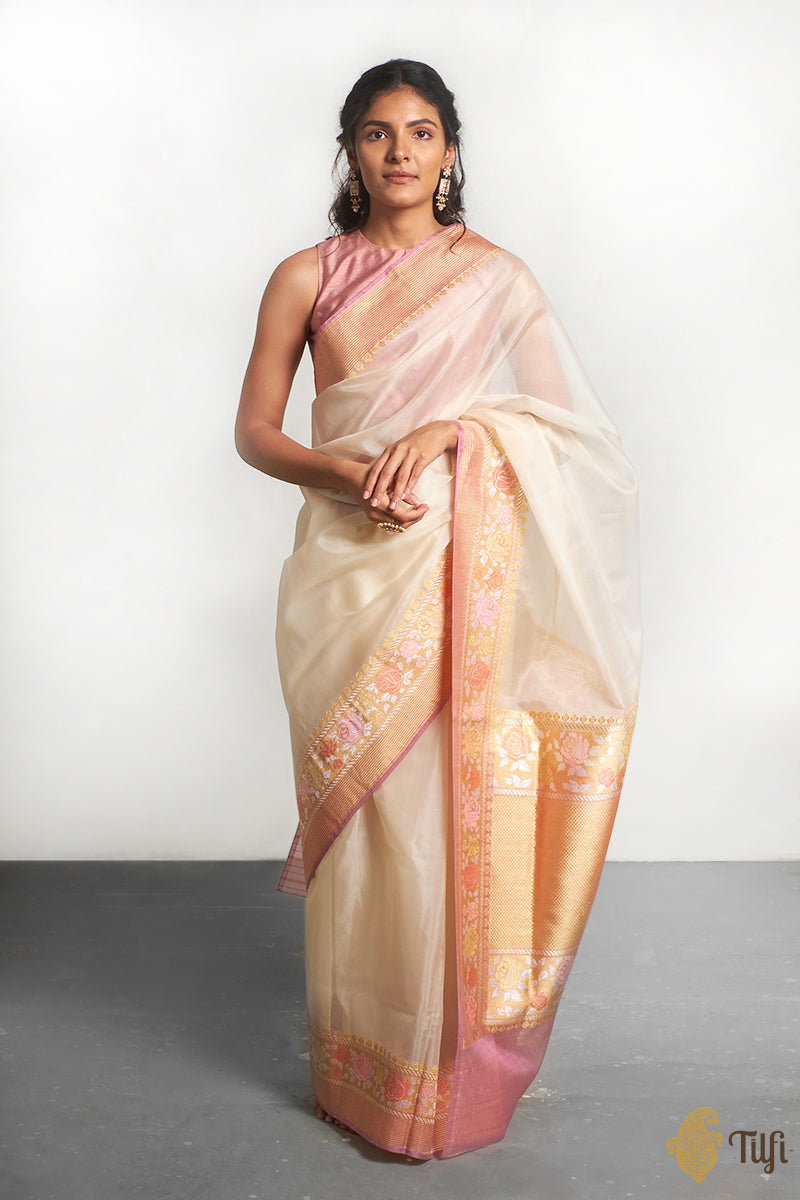 &#39;Sarala&#39; Off-White Pure Kora Silk Banarasi Handloom Saree