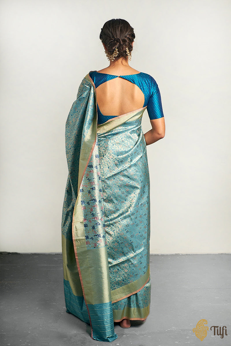 &#39;Urvashi&#39; Mint Blue Pure Katan Silk Banarasi Handloom Saree