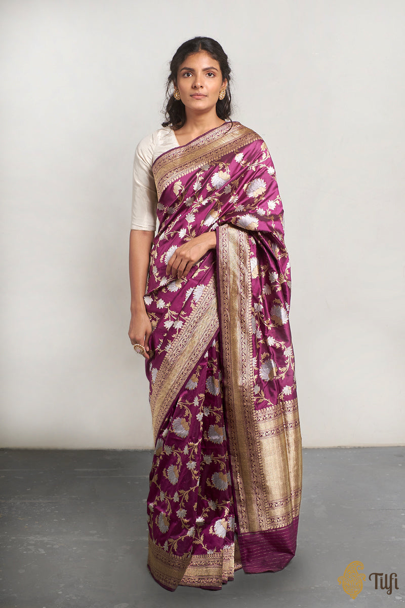&#39;Menaka&#39; Deep Magenta Pure Katan Silk Banarasi Handloom Saree