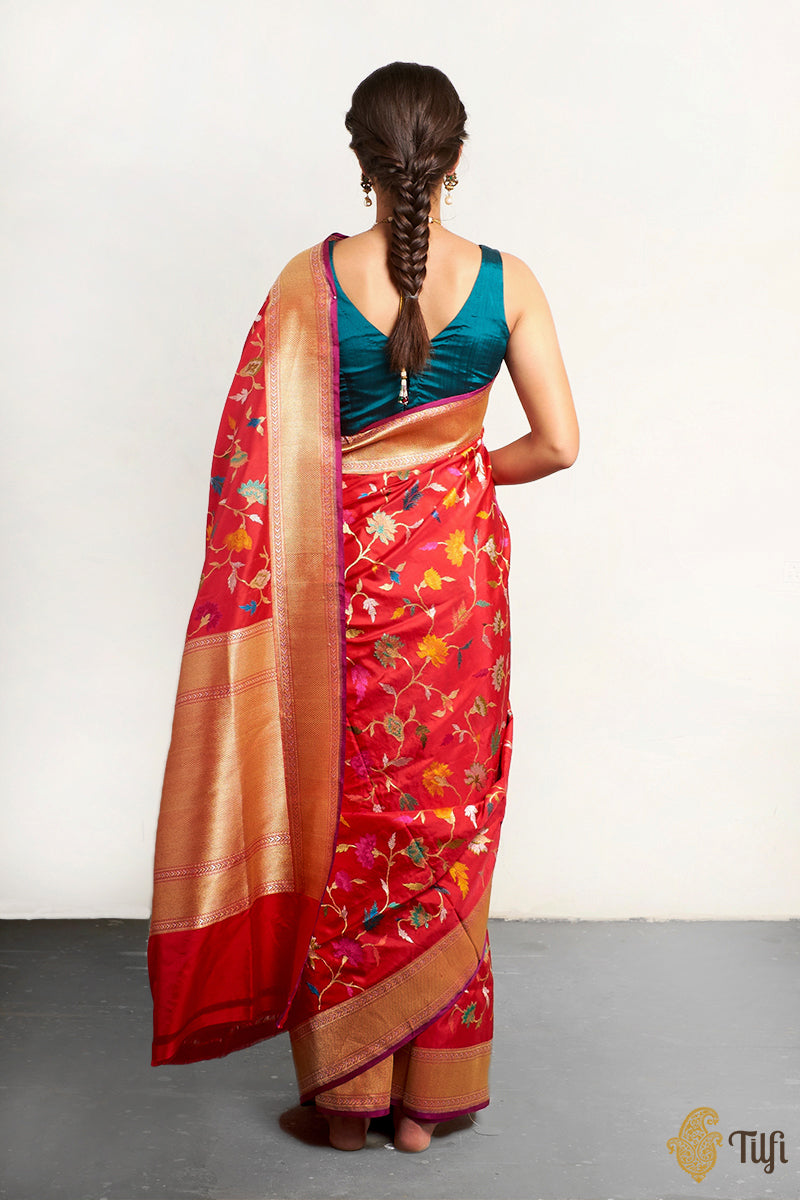 &#39;Padmini&#39; Red Pure Katan Silk Banarasi Handloom Saree