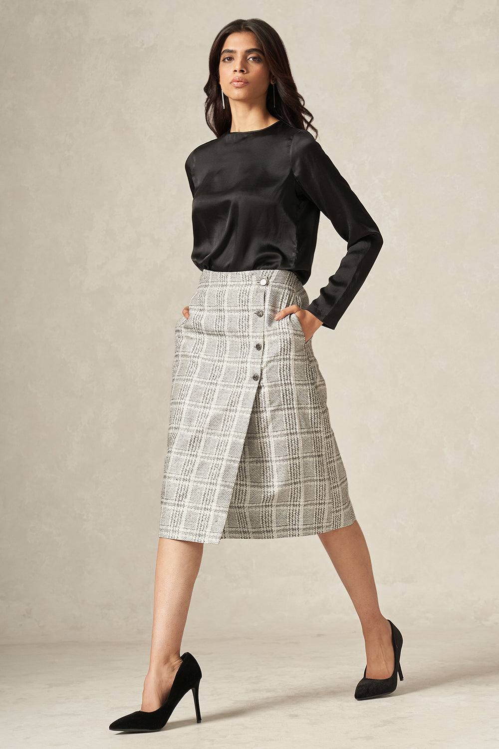 Black and White Pure Silk Handwoven Plaid Patterned Wrap Skirt