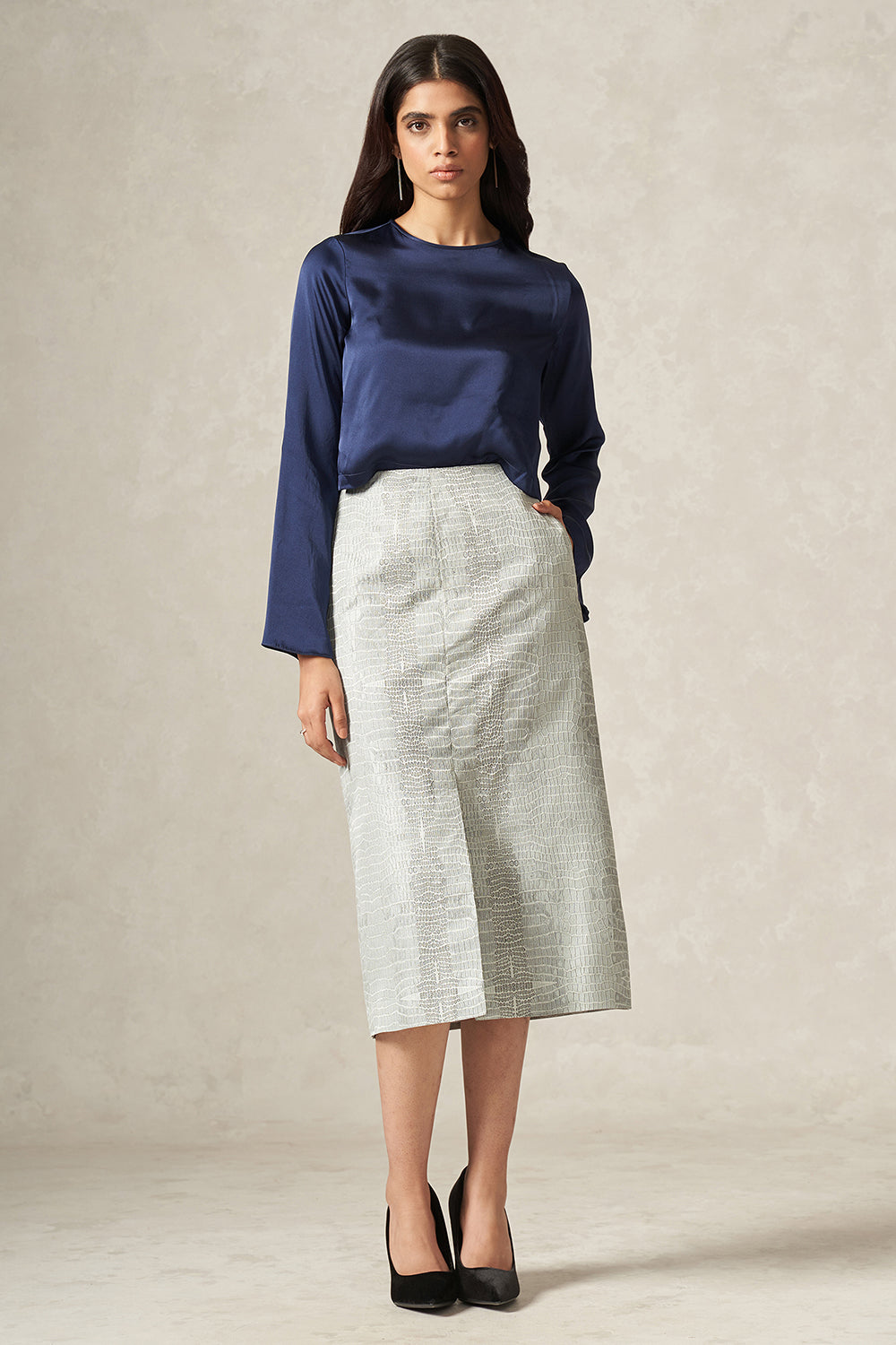 Grey Handwoven Pure Satin Silk Pencil Skirt with Crocodile Pattern and Front Slit