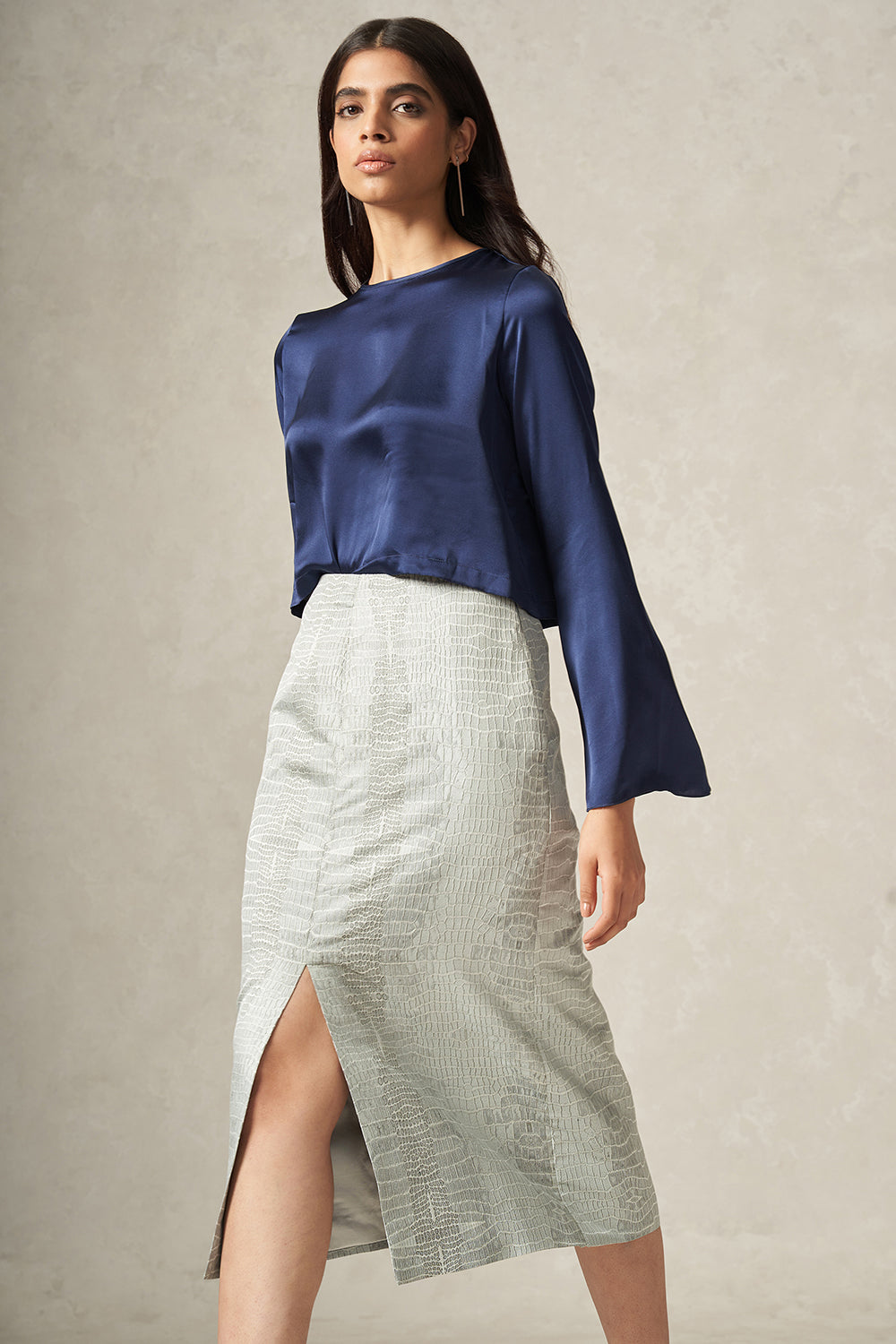 Grey Handwoven Pure Satin Silk Pencil Skirt with Crocodile Pattern and Front Slit