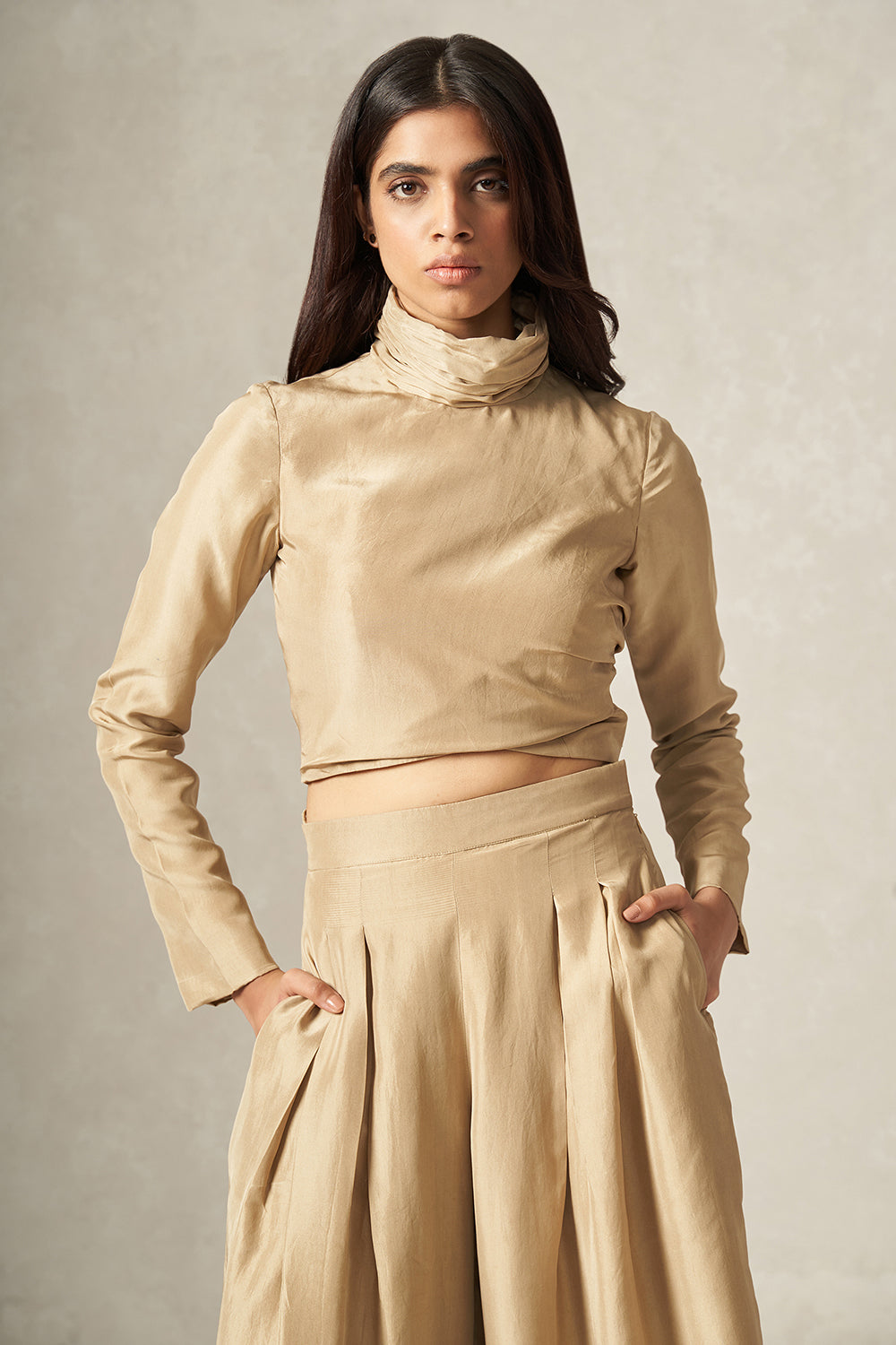 Beige Pure Silk Turtle-neck Top with Drape Detailing
