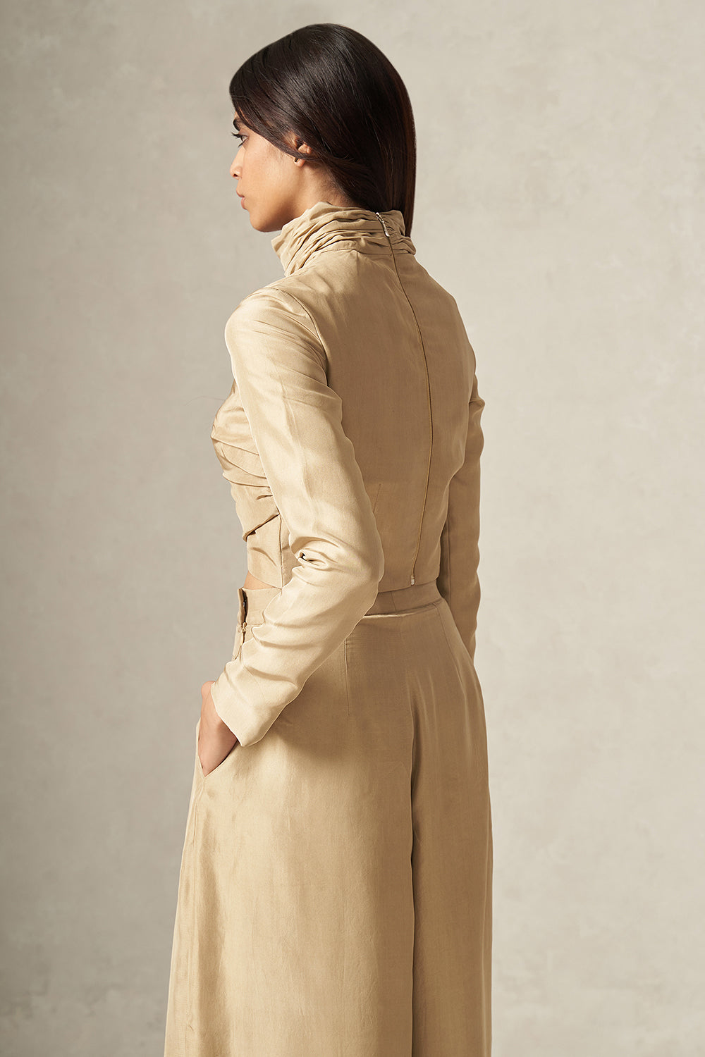 Beige Pure Silk Turtle-neck Top with Drape Detailing