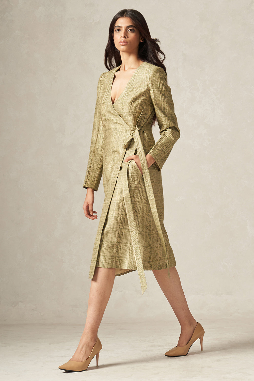 Green and Beige Handwoven Pure Silk Plaid Patterned Wrap Dress with Side Tie-up