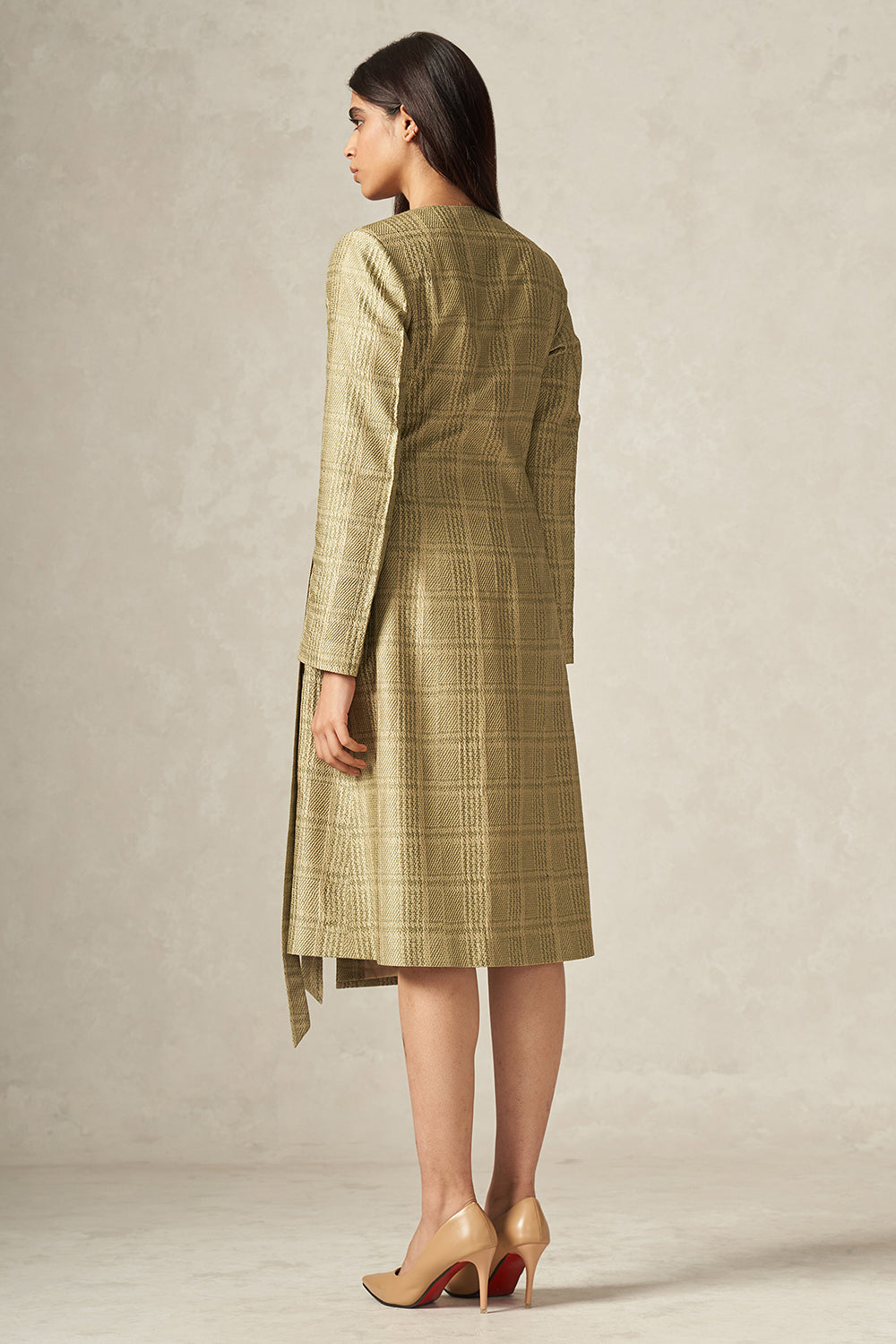 Green and Beige Handwoven Pure Silk Plaid Patterned Wrap Dress with Side Tie-up