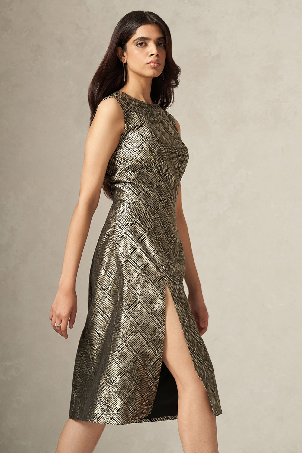 Black and Beige Handwoven Pure Katan Silk Snakeskin Pattern Slit Dress