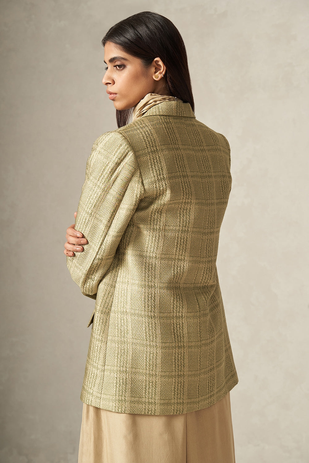 Green and Beige Pure Silk Handwoven Plaid Patterned Blazer