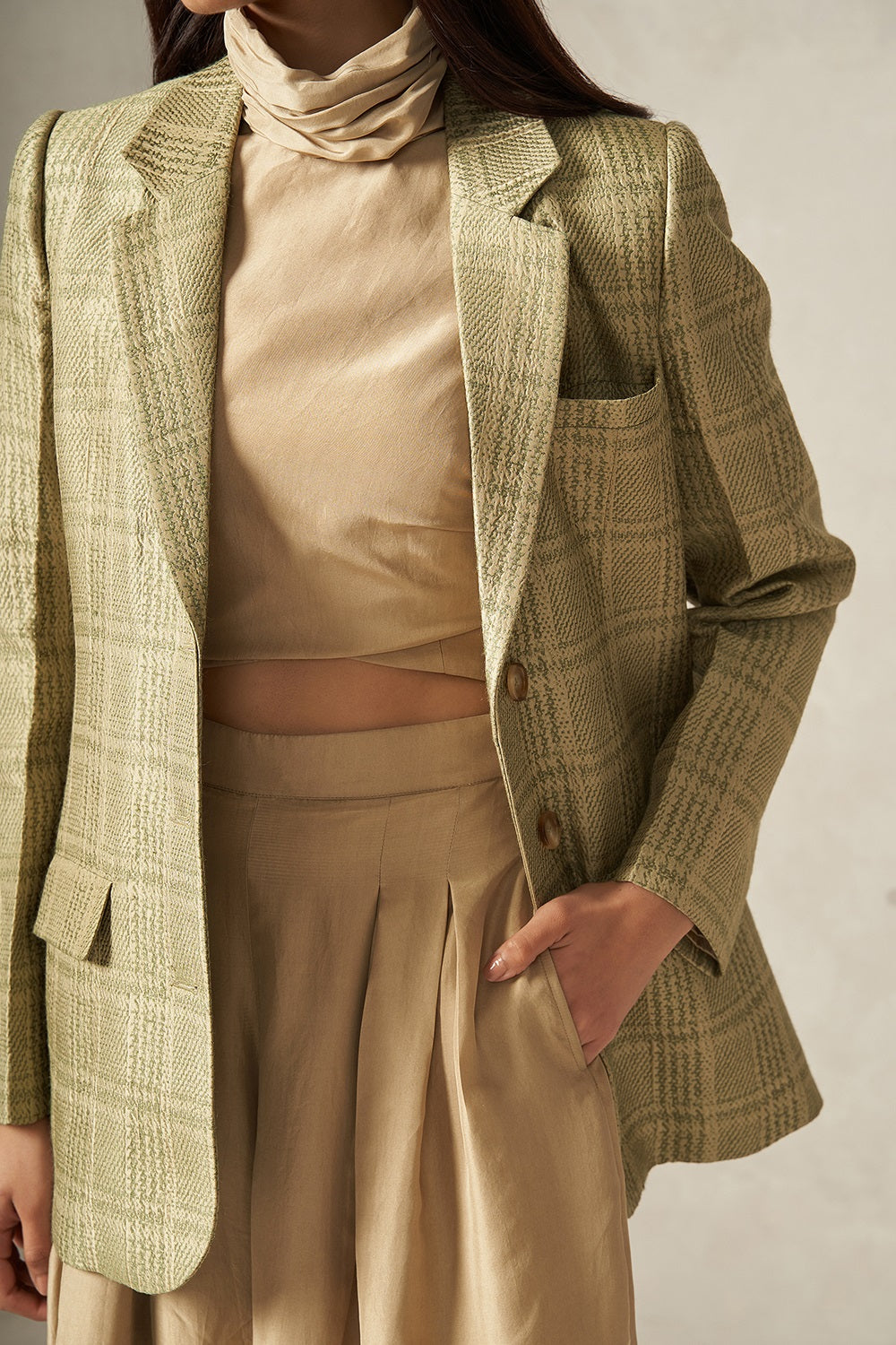 Green and Beige Pure Silk Handwoven Plaid Patterned Blazer