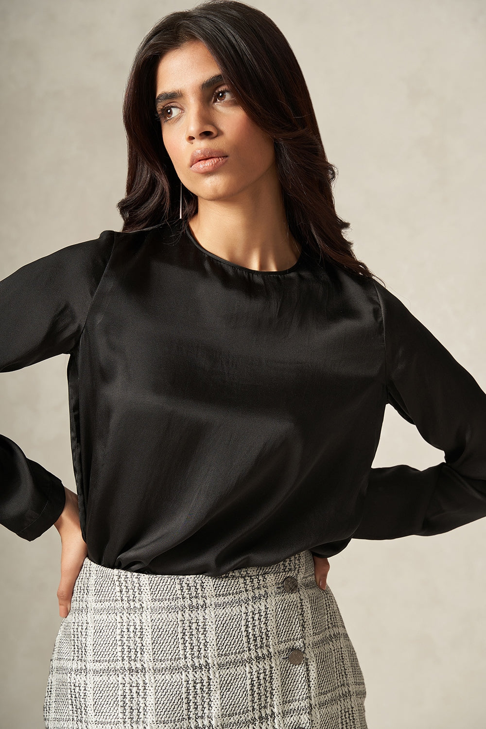 Black Round Neck Pure Satin Silk Top with Full Sleeves