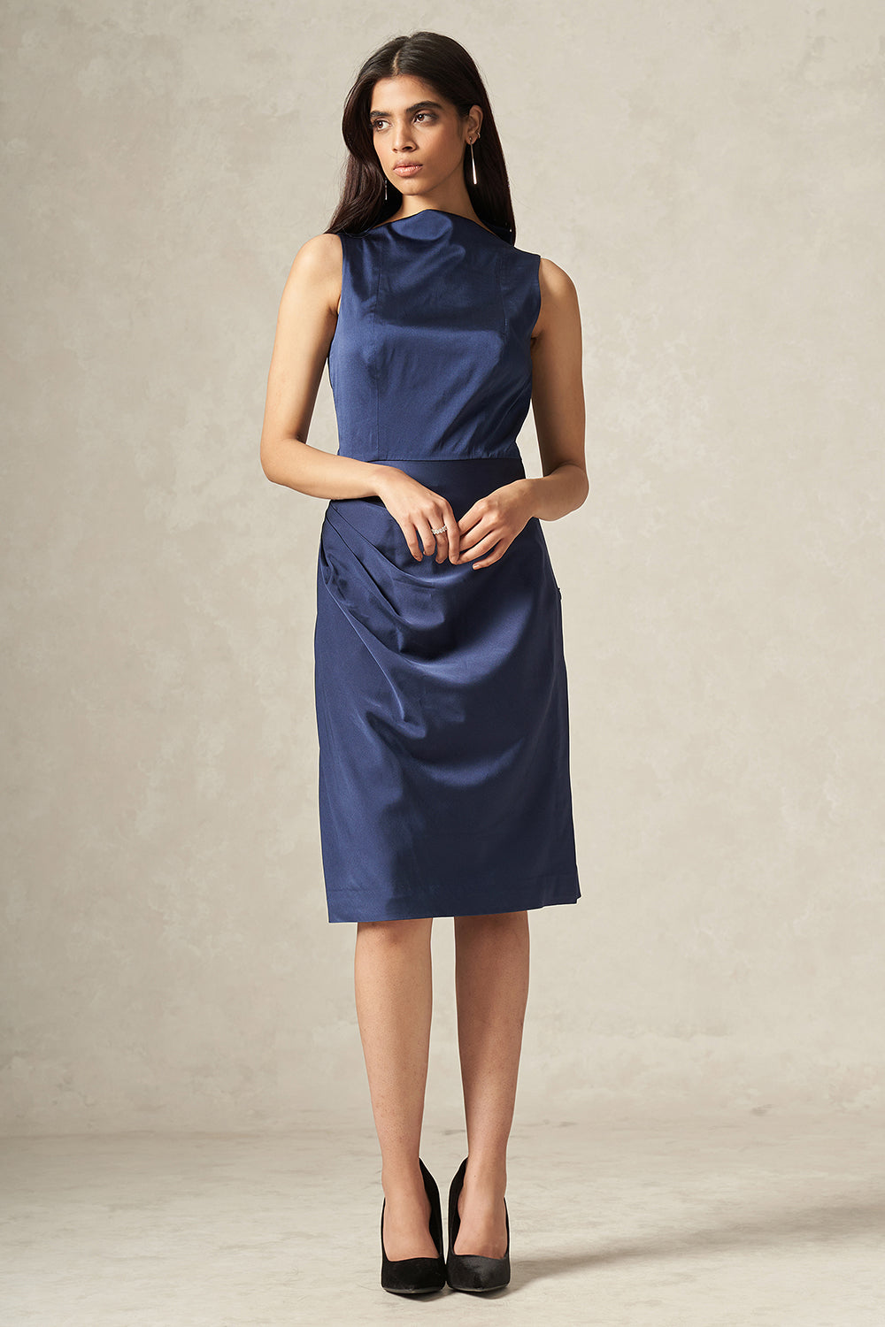 Dark Blue Pure Satin Silk Dress with Drape Detailing