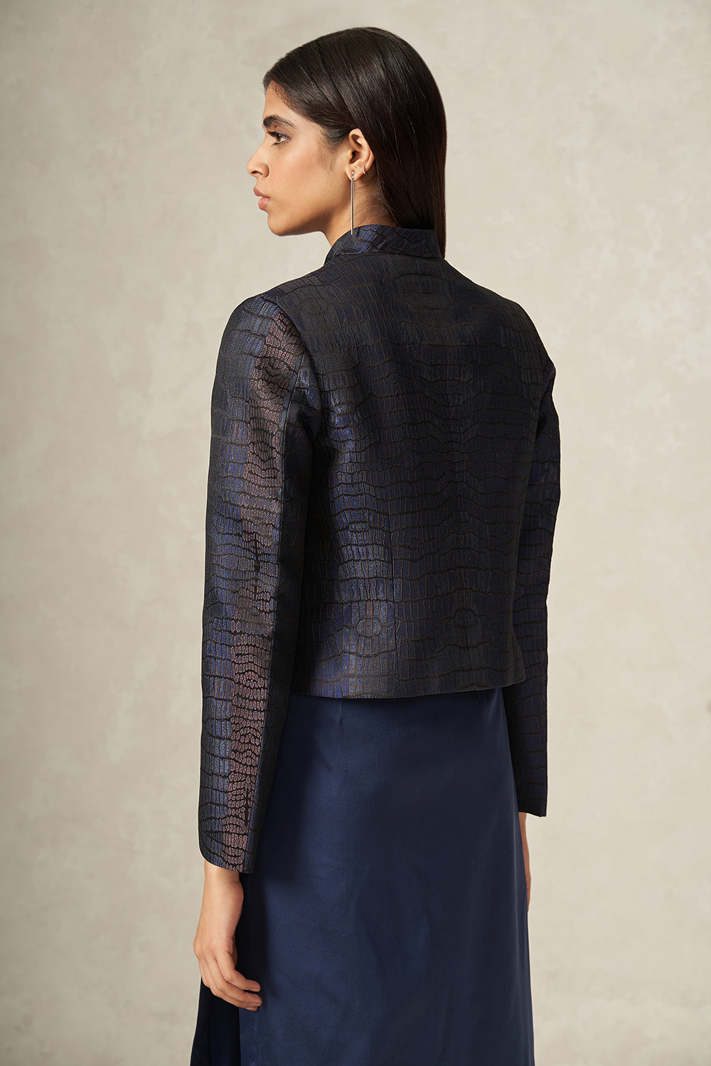 Black and Blue Pure Satin Silk Handwoven Crocodile Pattern Jacket