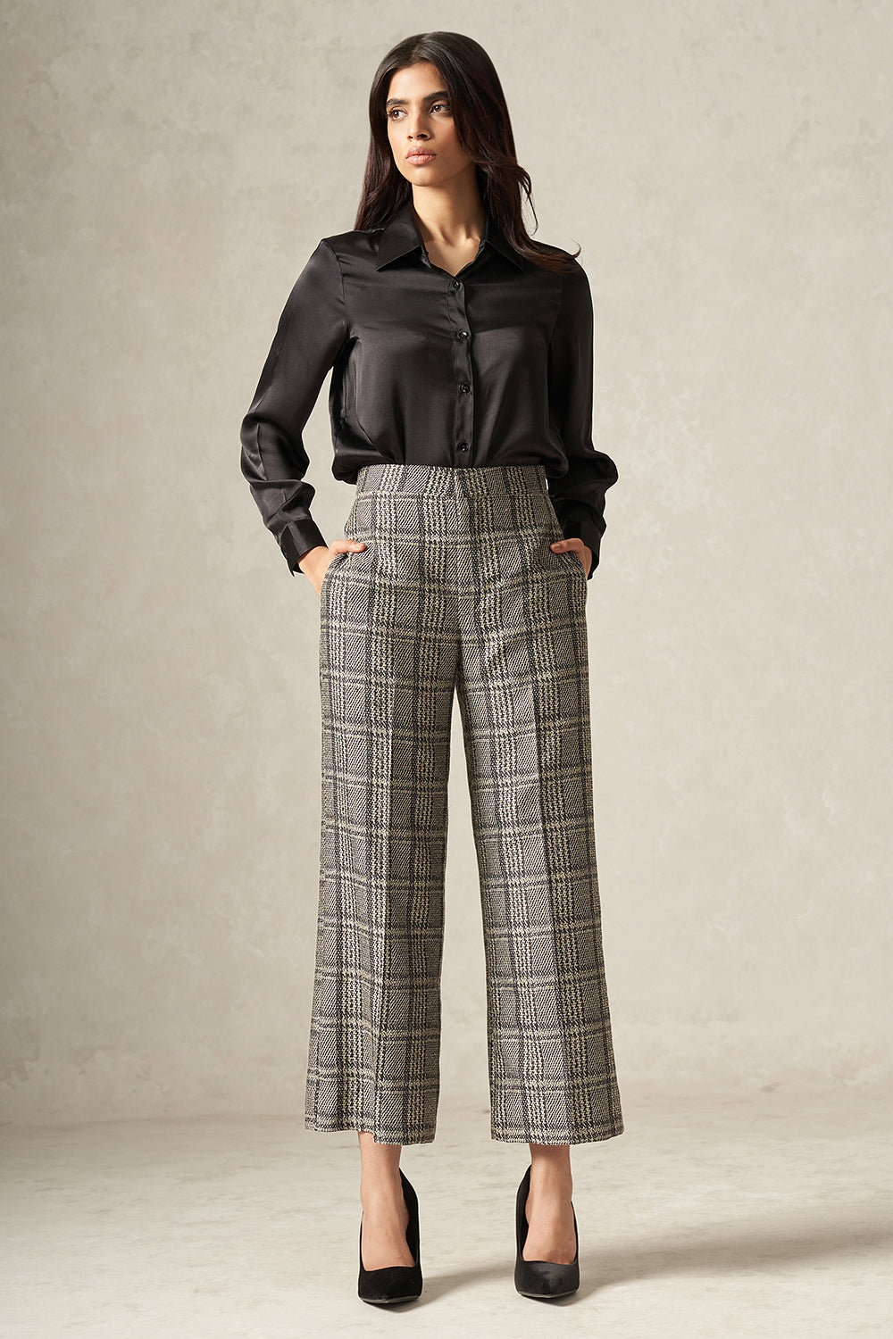 Black and White Pure Silk Handwoven Plaid Patterned Pants - Tilfi
