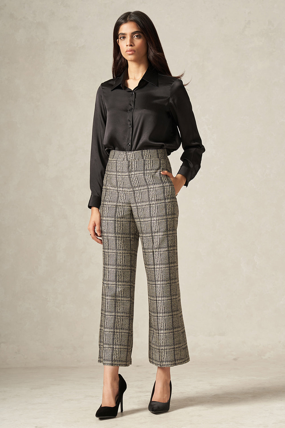Black and White Pure Silk Handwoven Plaid Patterned Pants - Tilfi