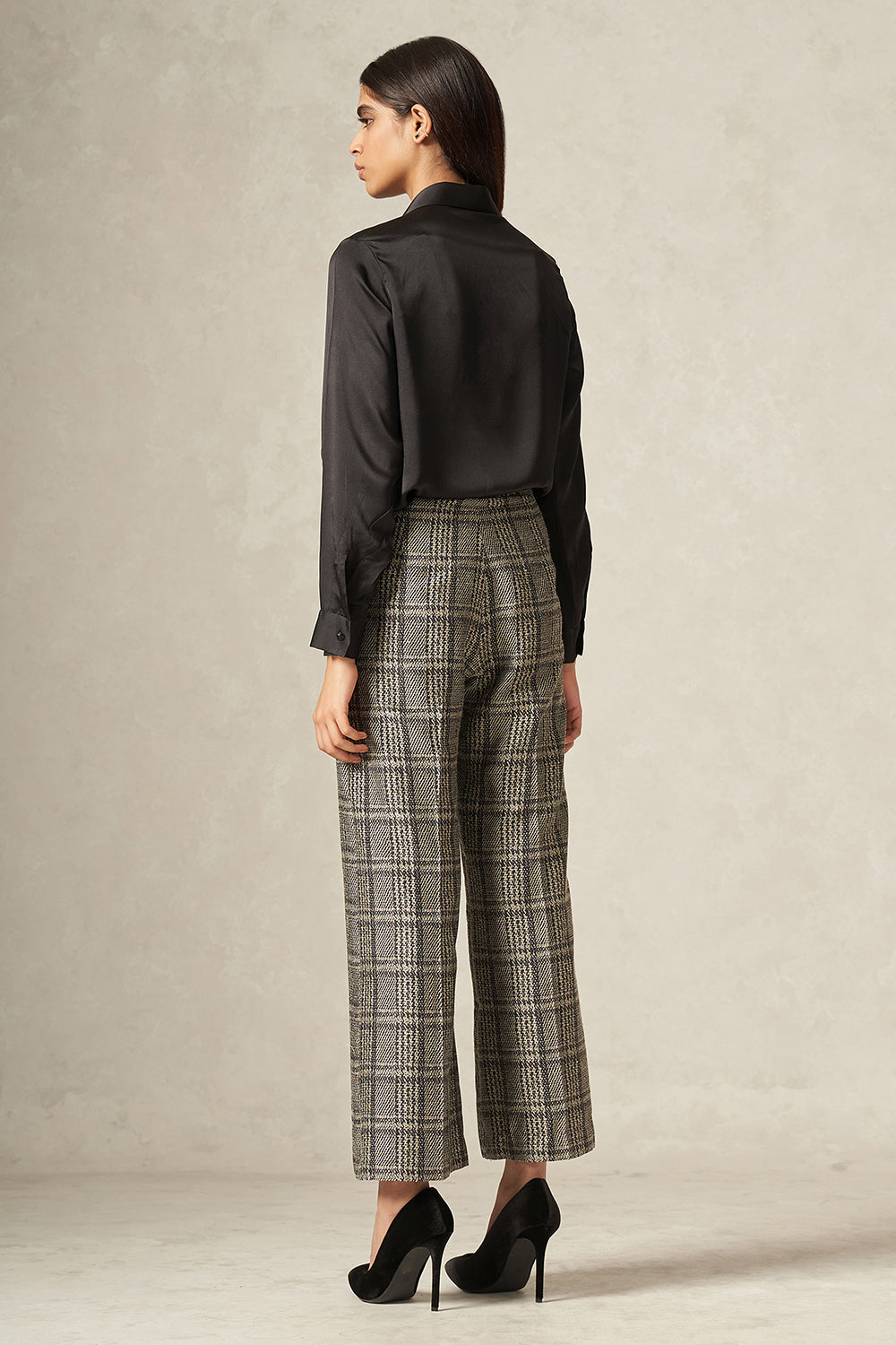 Black and White Pure Silk Handwoven Plaid Patterned Pants